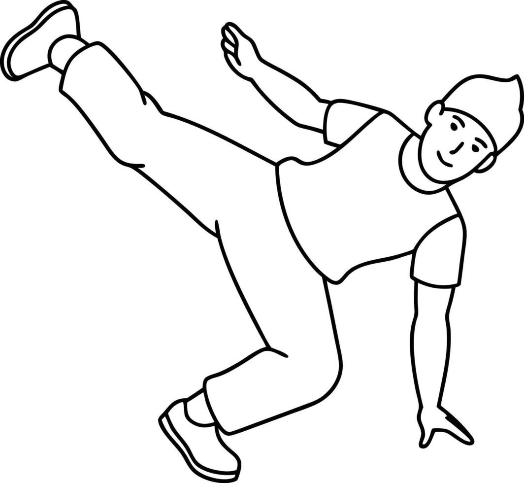 Teenager dancers hip hop, breakdance outline and line drawing isolated. Young cool boy dancing street dance sketch. Korean Japanese asian thin style line art. vector