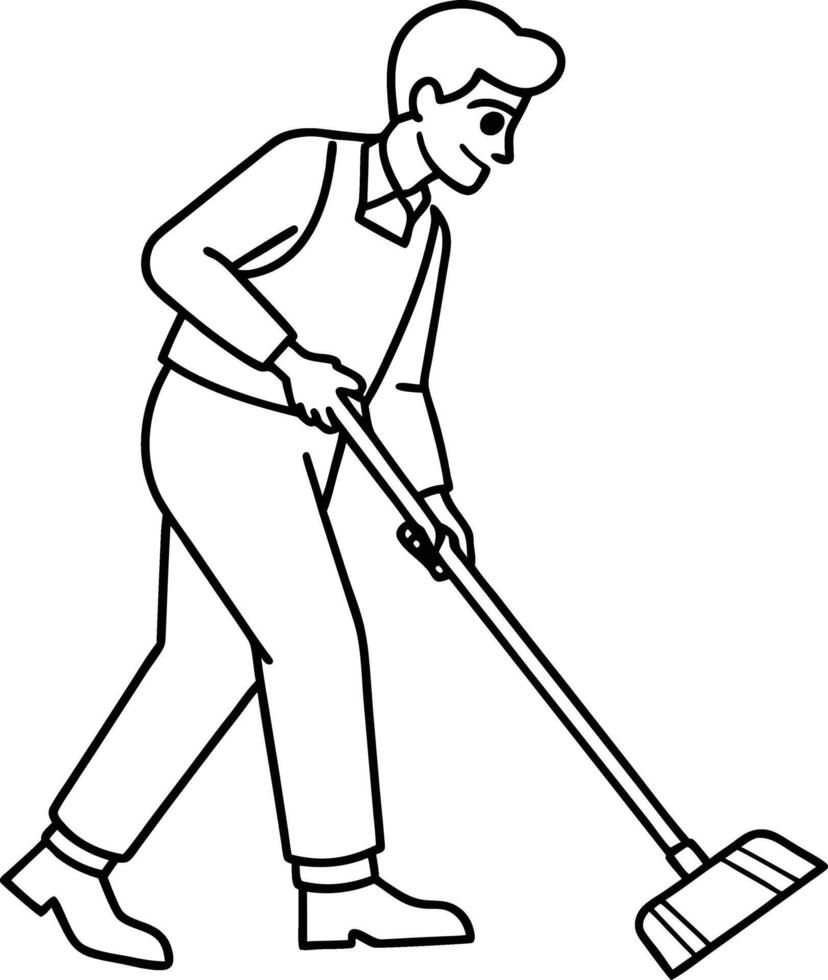 Man mopping floor in continuous one outline. Single line art illustration of cleaning service worker. Illustration design. A person sweeping or mopping. vector