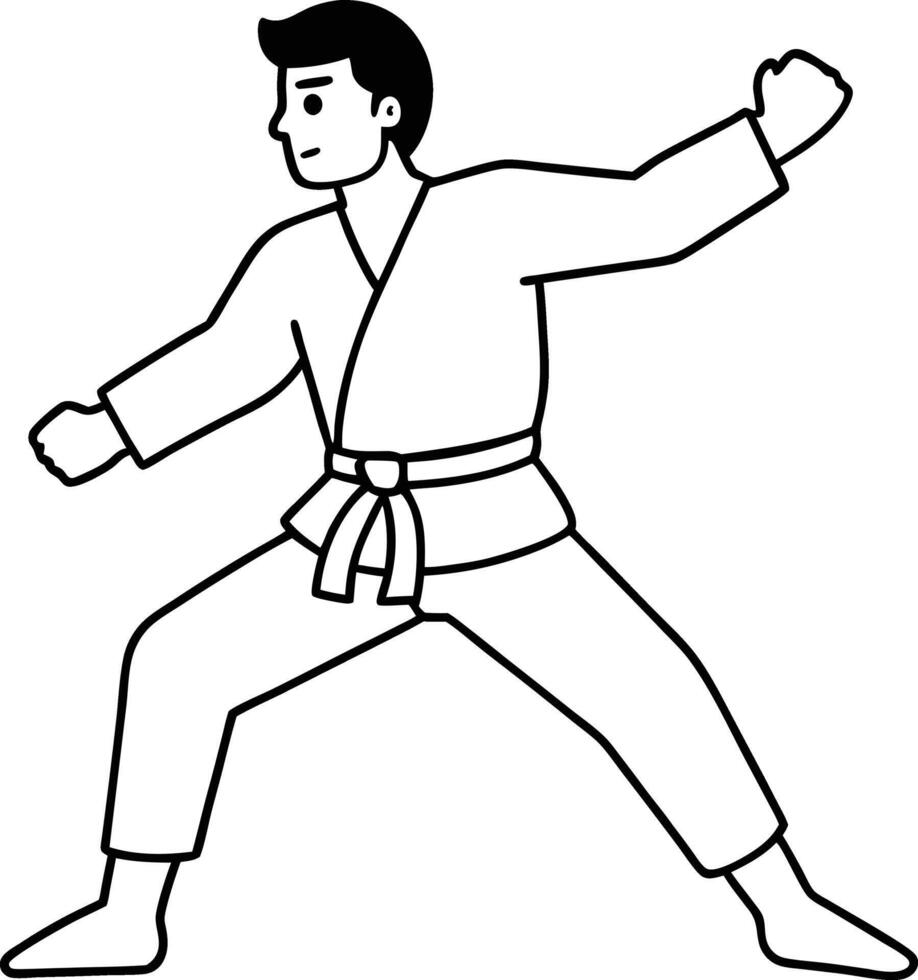 An one man continuous line drawing karateka fighter in kimono practicing karate kick combat. Karateka sport single line art illustration. Karate outline design. vector