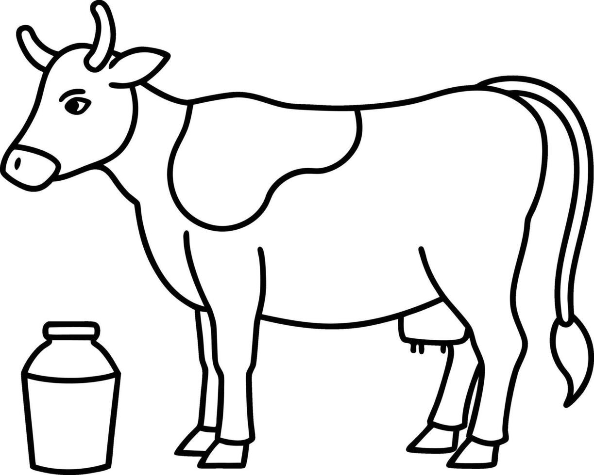 Cow milking, outline, line art illustration design. Farm in the Background. The Grassy Field Shines Green. Beautiful Farm Landscape with Cows and Mountains. vector