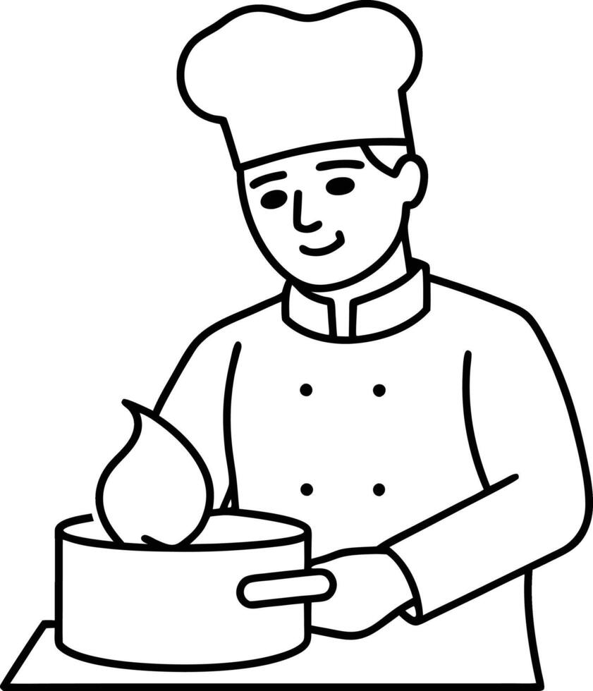 Continuous one line drawing male cheif cooking food illustration. Young man wearing apron standing on domestic kitchen table full with pan and stove. Cooking outline design. vector