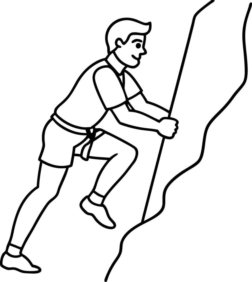A rock man climbing line drawing climb to mountain with rope. Man person backpack nature hiking climbing lifestyle line art design. Achievement goal concept outline. Continuous line draw. vector