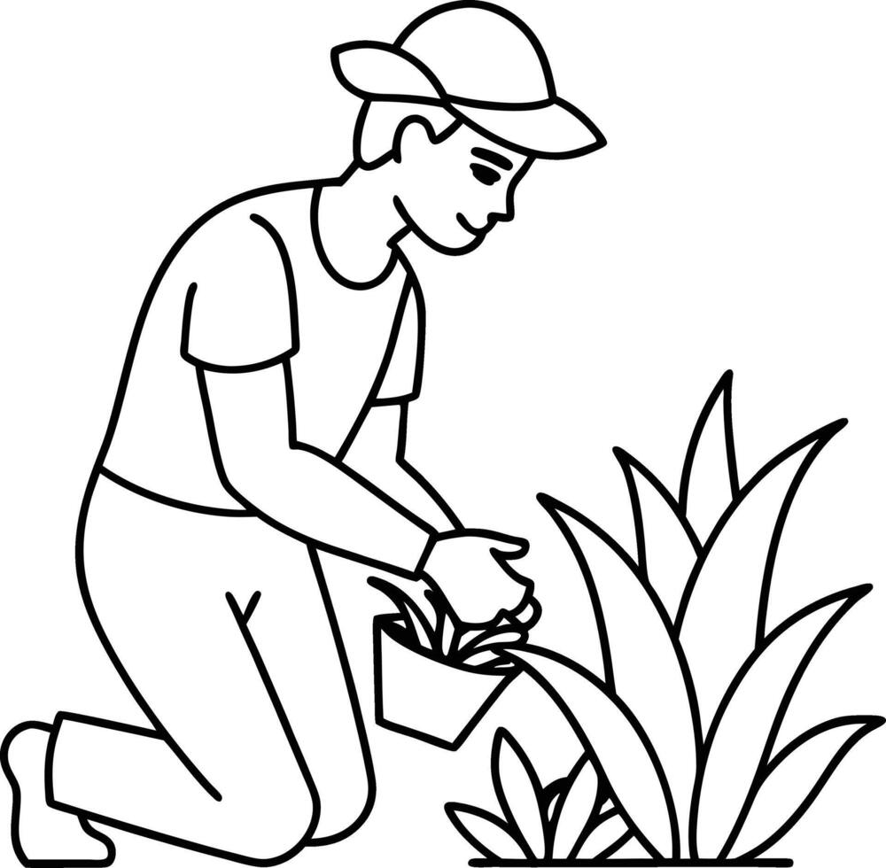 Continuous line drawing gardener works in the garden. Worker using scissors to cut green trees takes care of plants agricultural. Spring gardening outline. Man planting. One line art design. vector