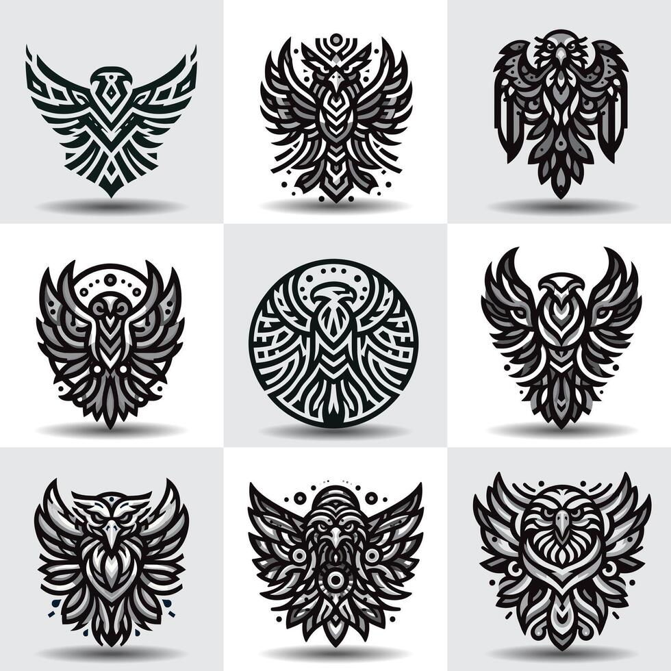 set of Eagle, hawk, falcon emblem with spread wings, heraldic symbol, bird, predator, wild animal, design, vector