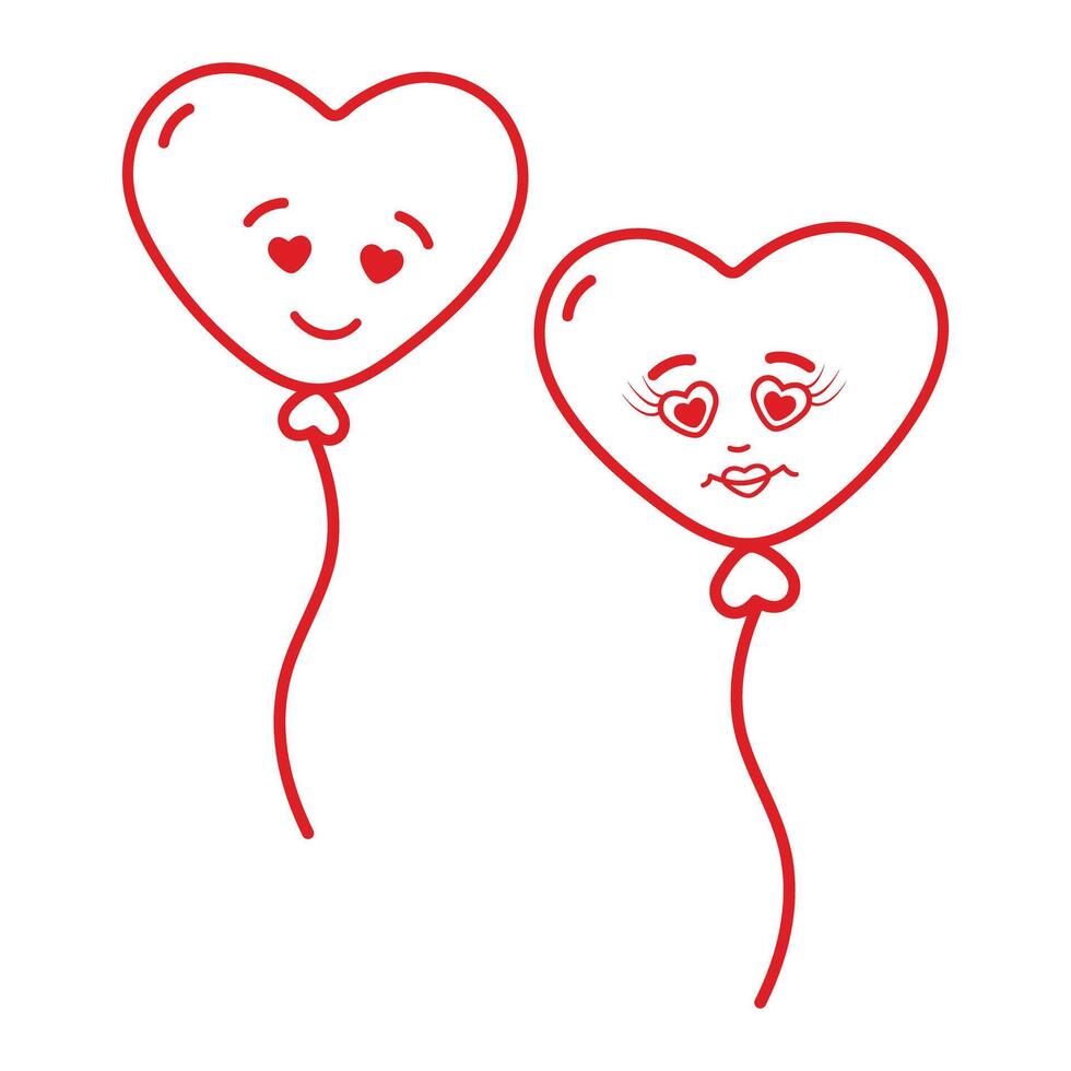 Outline Heart shaped balloons on string in trendy red. Valentines Day design element. Isolated illustration Thematic cards, posting, blog or web promo, leaflet, price tag, label vector