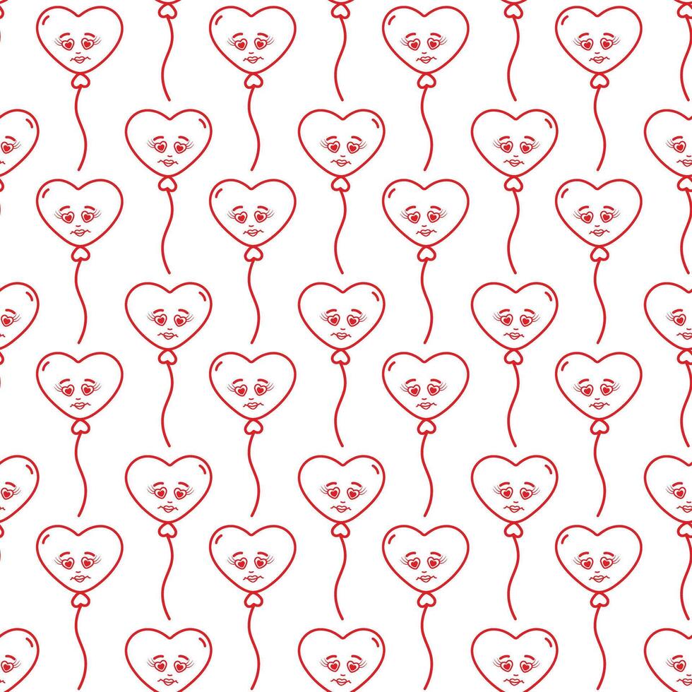 Heart shaped balloons with smiling face Seamless Pattern in trendy minimalism St Valentines Day fond. Isolated illustration Wallpaper Wrapping or web promo banner, posting, blog, tag background vector