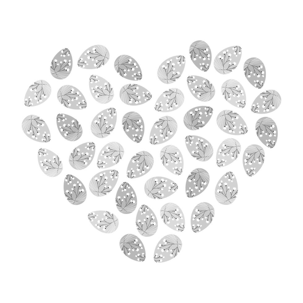 Blossom twigs Decorated Easter eggs heart shaped in grayscale. Easter greeting decorative background. Isolated illustration Thematic cards, blogs and posters, banner, leaflets, tag or web promo vector
