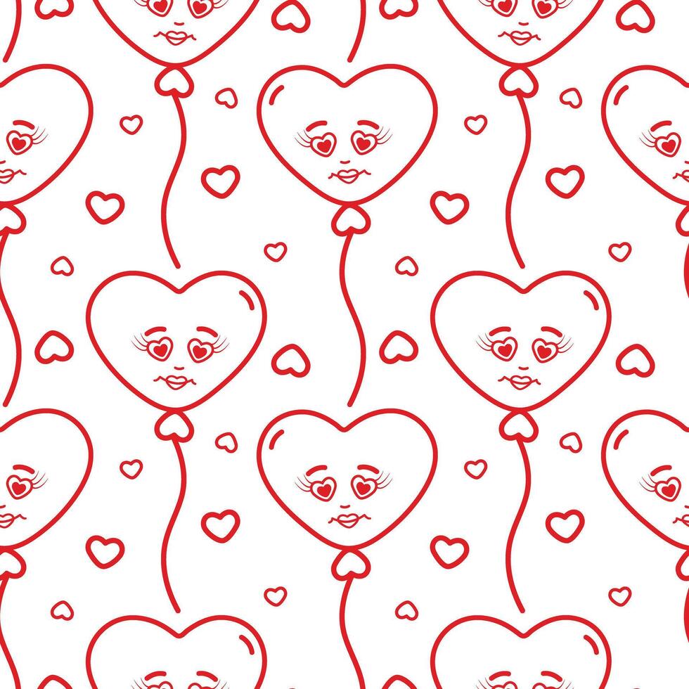 Outline heart shaped balloons with smiling face and decorative hearts Seamless pattern in minimalism. Isolated illustration Wallpaper Wrapping or web promo banner, posting, blog, tag background vector