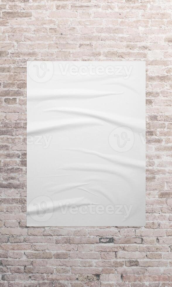 White poster on a brick wall, perfect for showcasing branding, marketing designs, or street advertising concepts in a modern and urban setting photo
