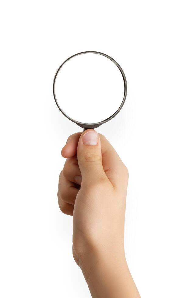 Hand holding a magnifying glass with an isolated background, ideal for mockup designs, branding concepts, or promotional content focused on detail and clarity photo