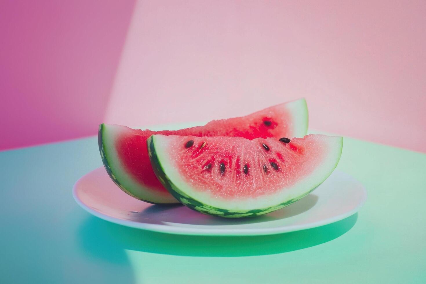 Juicy slices of Icebox watermelon glisten on a crisp, white plate photo
