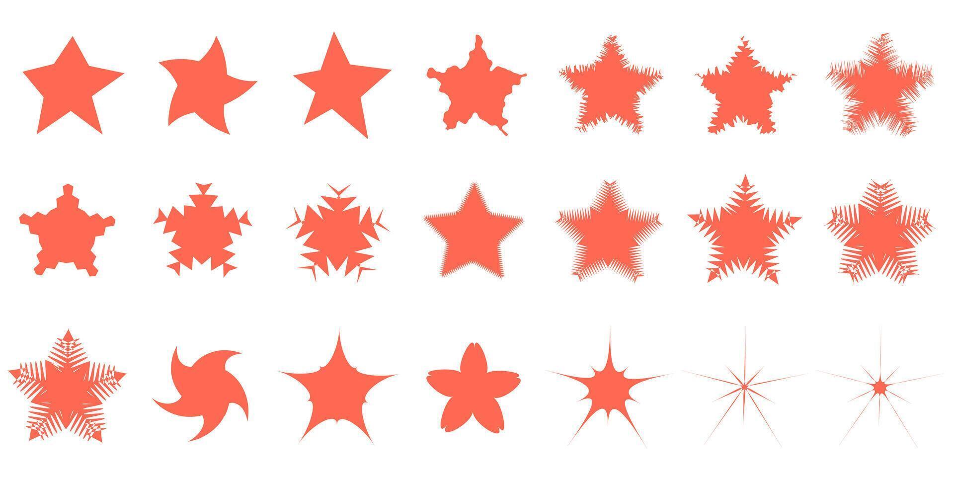 Big set of stars in different shapes. Flat elements for your design. Each isolated on white background. vector