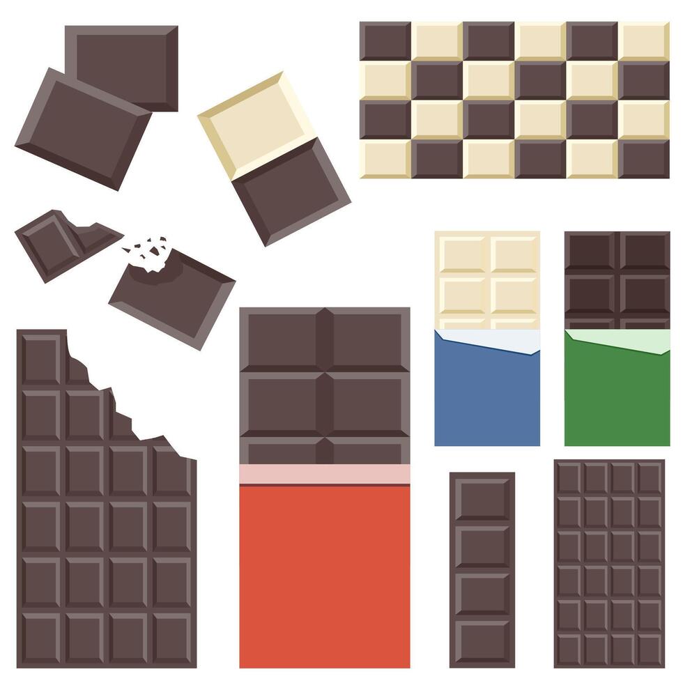 Set of different chocolate bars, Wrapped, unwrapped and bitten pieces of chocolate, each isolated on white. vector