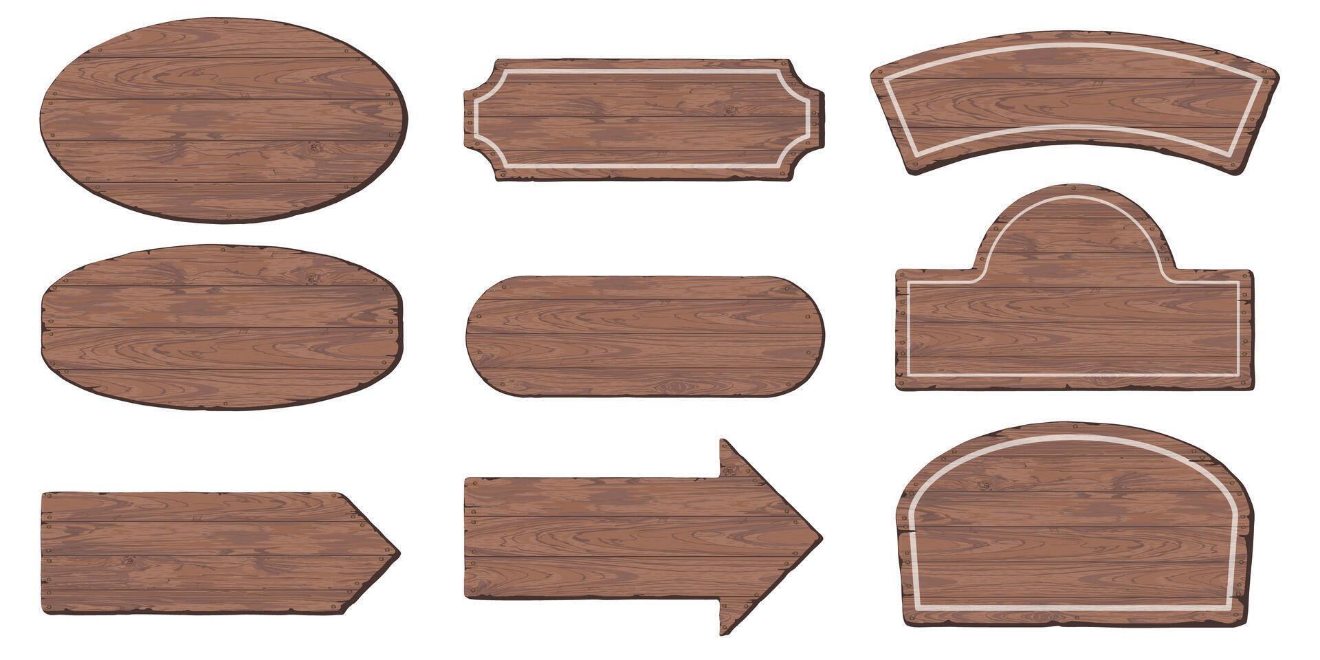 Blank signboard isolated various shapes made from cut timber panels and held together with brass rivets graphic illustrated. Set of nameplate wooden texture mocha mousse tone pattern frame. vector