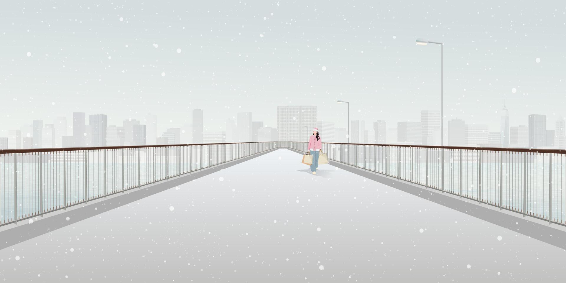 Minimalist cityscape in winter season with a woman holding a lot of shopping bags walking on pedestrian bridge across the river have skycrapers and dusk sky background graphic illustration. vector