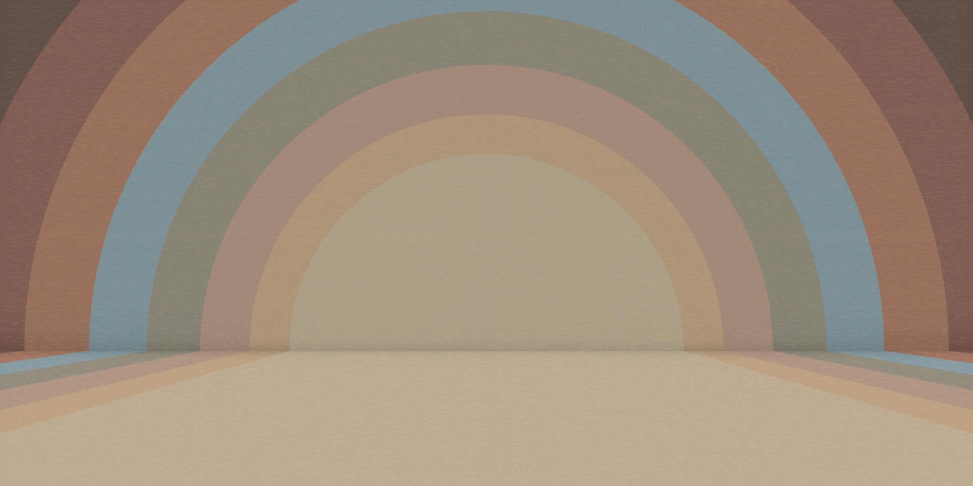 Abstract 1970's style warming brown stripes circle frame perspective view graphic illustration. Pastel circle as a stage retro design. vector