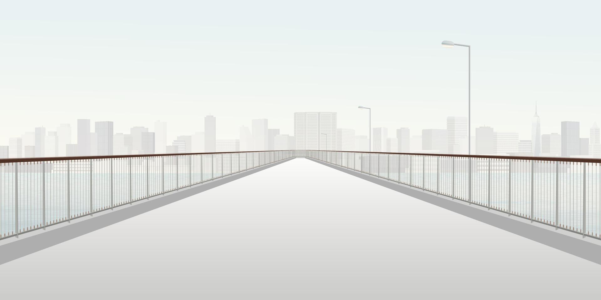 Minimalist cityscape with pedestrian bridge across the river have skycrapers and clear sky background graphic illustration. vector