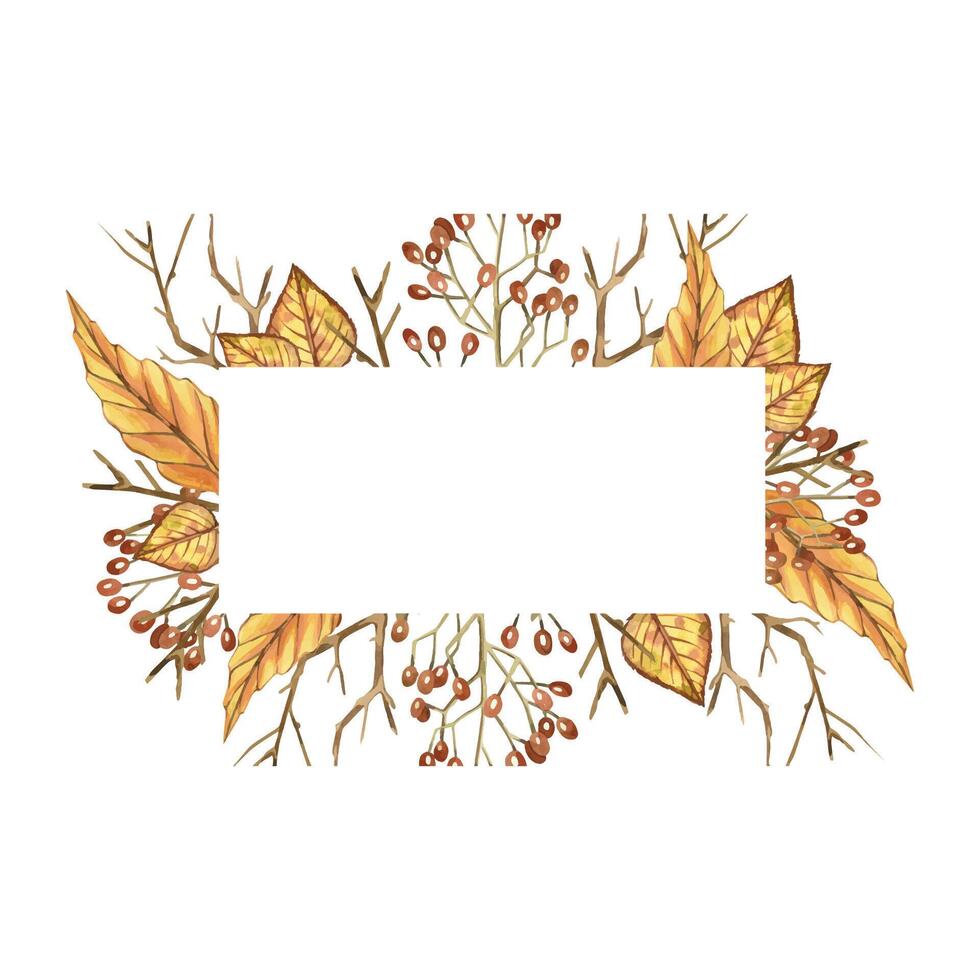 Rectangular frame of dried flowers, autumn leaves, viburnum berries and bare tree branches. All objects are hand-painted with watercolors. For printing on invitations, postcards, for scrapbooking vector