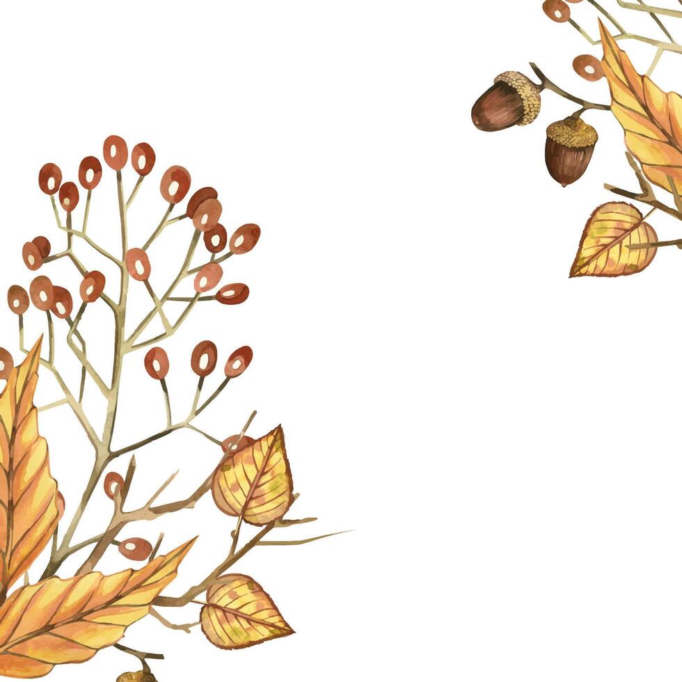 Postcard of dried flowers, viburnum berries, autumn leaves, dry tree branches, all objects are hand-drawn with watercolors. Watercolor illustration. For printing on paper, postcards, invitations vector