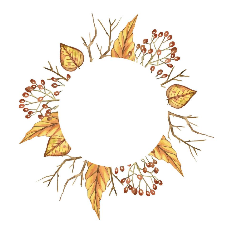 Round frame of dried flowers, acorns, yellow leaves, viburnum berries, tree branches. All objects are hand-drawn with watercolors. Watercolor illustration. Suitable for postcards, invitations vector