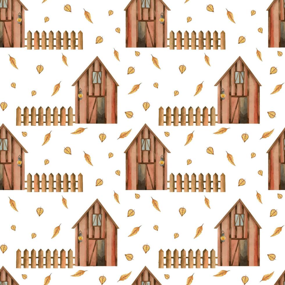 Farm with a fence and autumn leaves, a barn for storing grain, hay, with an open door and a burning lantern. Seamless watercolor pattern. All objects are hand-drawn with watercolors. For printing vector