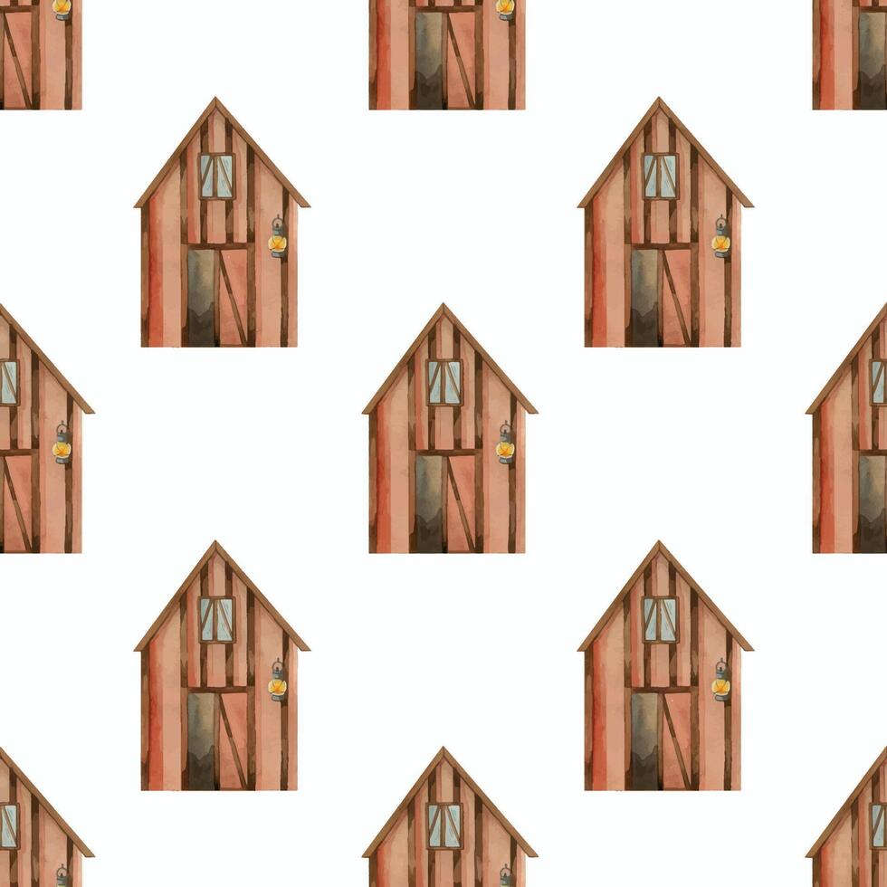 A house, barn or shed for storing grain, hay and tools. Seamless watercolor pattern. All objects are hand-painted with watercolors. Suitable for wallpaper in a children's room, for textiles, printing vector