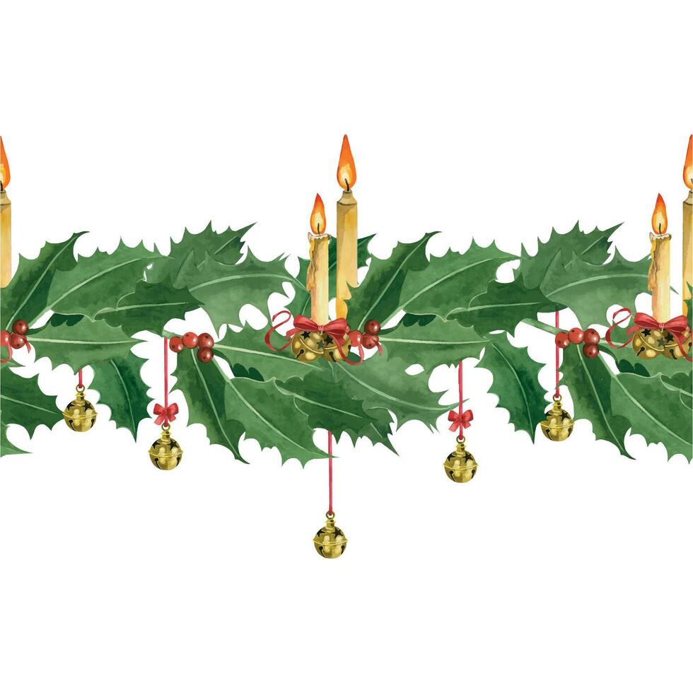 Seamless Christmas frame. Holly leaves with berries, golden bells with red bows, ribbons, burning candles. All objects are hand-painted with watercolors. For printing on textiles, towels, bed linen vector