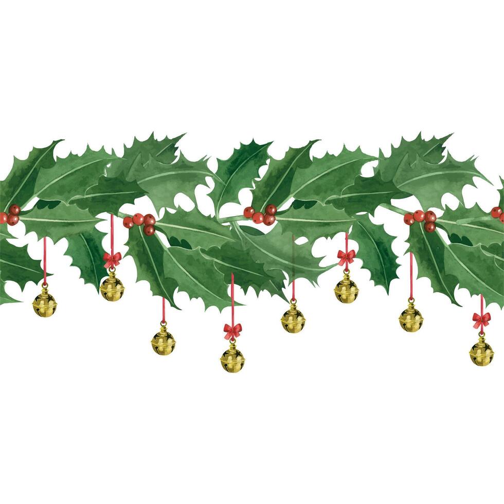 Seamless border of green holly branches with golden bells and red bows. Watercolor illustration for Christmas. All objects are hand-drawn with watercolors. For printing on cards, home textiles vector