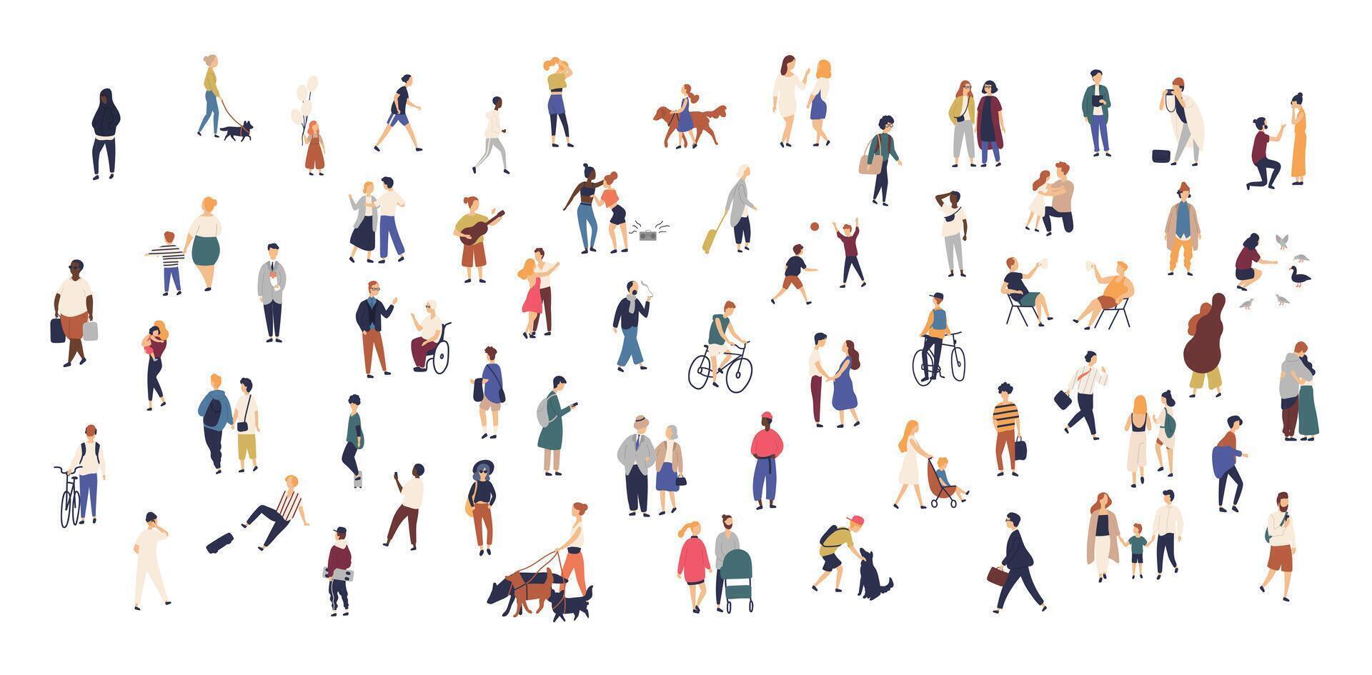 Crowd of tiny people walking with children or dogs, riding bicycles, standing, talking, running. Cartoon men and women performing outdoor activities on city street. Flat colorful illustration vector