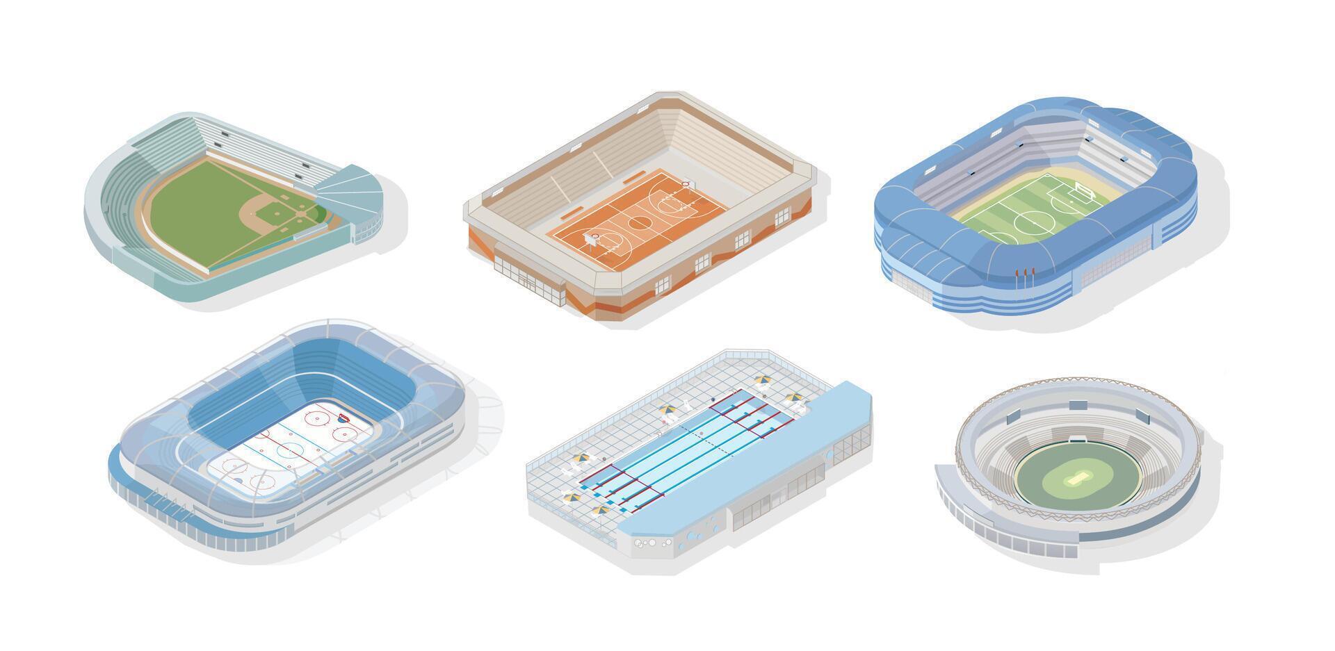 Bundle of isometric stadiums for various types of sports - basketball, football or soccer, cricket, swimming pool, hockey, baseball. Set of arenas isolated on white background. illustration vector