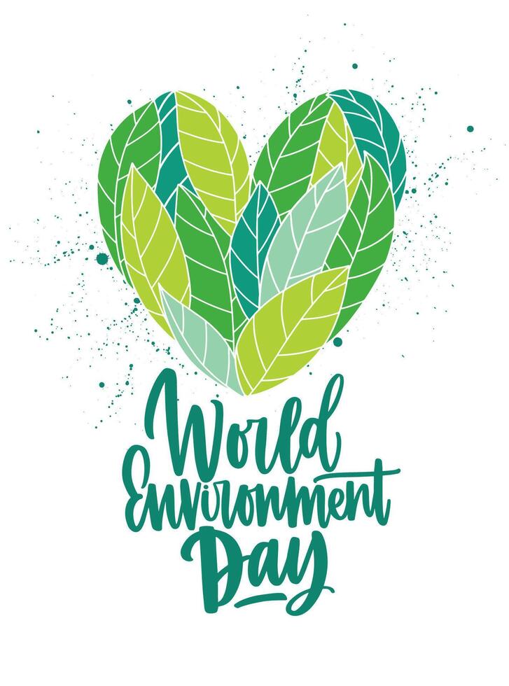 Heart made of fresh green leaves and World Environment Day inscription handwritten with elegant cursive calligraphic font. Ecology and environmental problem solving. Colorful illustration vector
