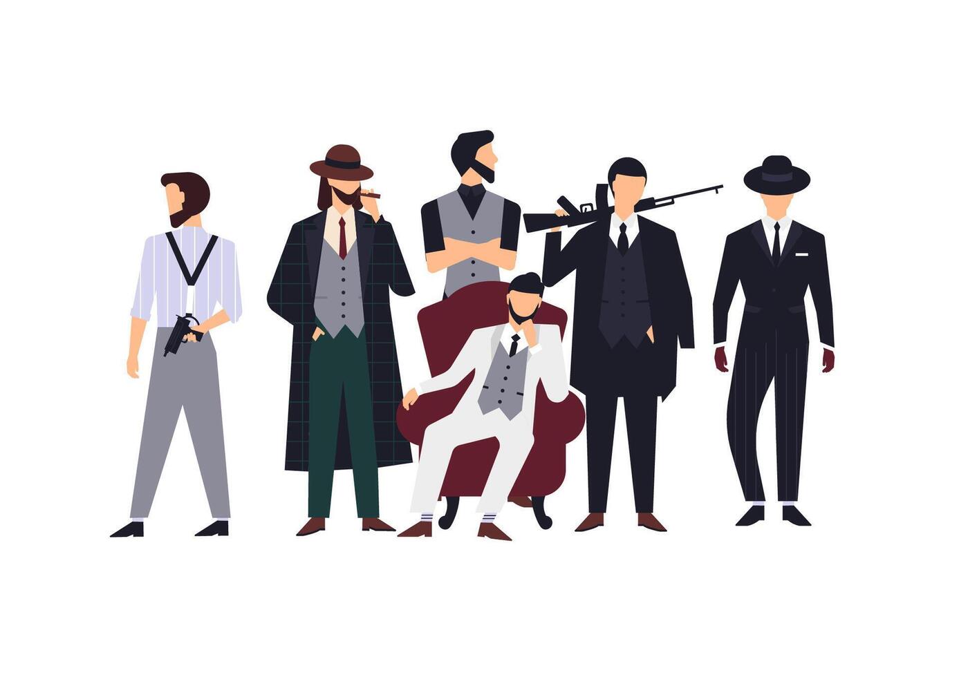 Group of mafia members or mafiosi dressed in elegant retro clothes or formal suits and holding fire guns. Flat male cartoon characters isolated on white background. Colorful illustration vector