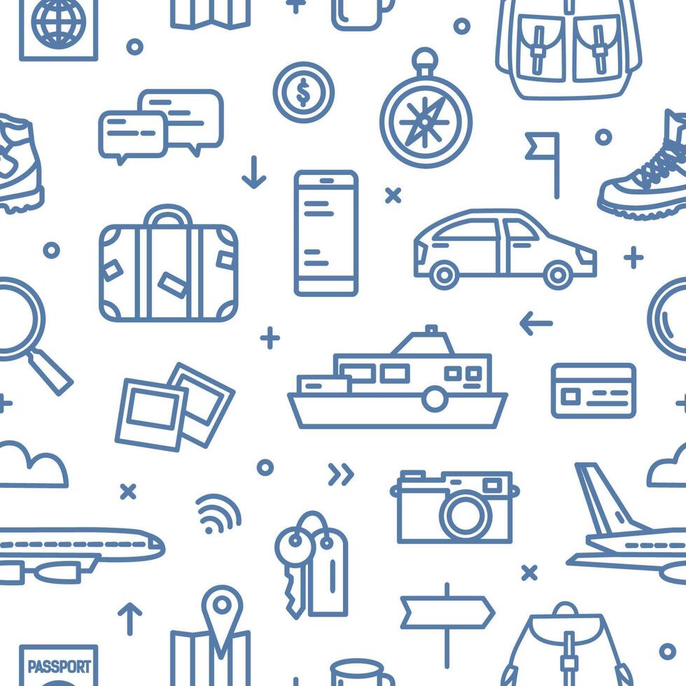 Monochrome seamless pattern with transports, tourism and adventure travel attributes drawn with blue contour lines on white background. Touristic backdrop. Modern illustration in lineart style vector