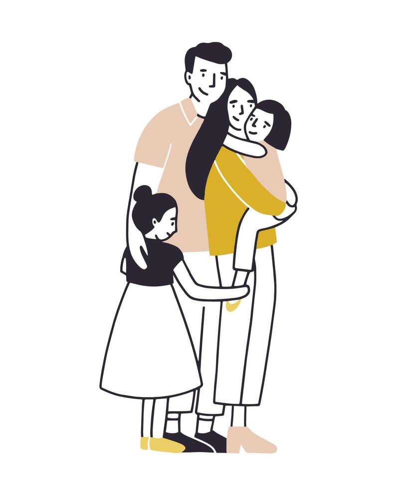 Loving family. Father, mother and two daughters standing together and cuddling. Parents and children hugging. Flat cartoon characters isolated on white background. Colored illustration vector