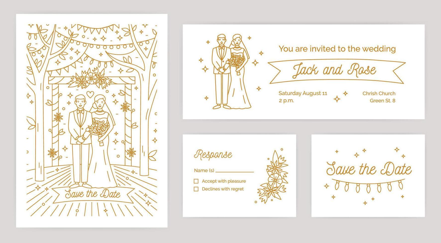 Bundle of Save The Date card, wedding invitation and response note templates with cartoon bride and groom drawn with contour lines on white background. illustration for in modern lineart style vector
