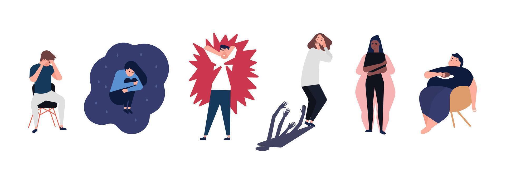 Collection of men and women with mental disorders, illnesses, impairments, psychiatric or psychological problems. Flat cartoon characters isolated on white background. Colorful illustration. vector