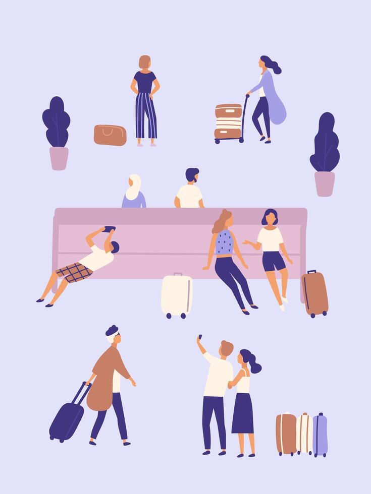 Men and women with suitcases waiting at airport or bus station. Group of people or passengers with luggage sitting on bench, taking selfie photo, standing, walking. Flat cartoon illustration vector