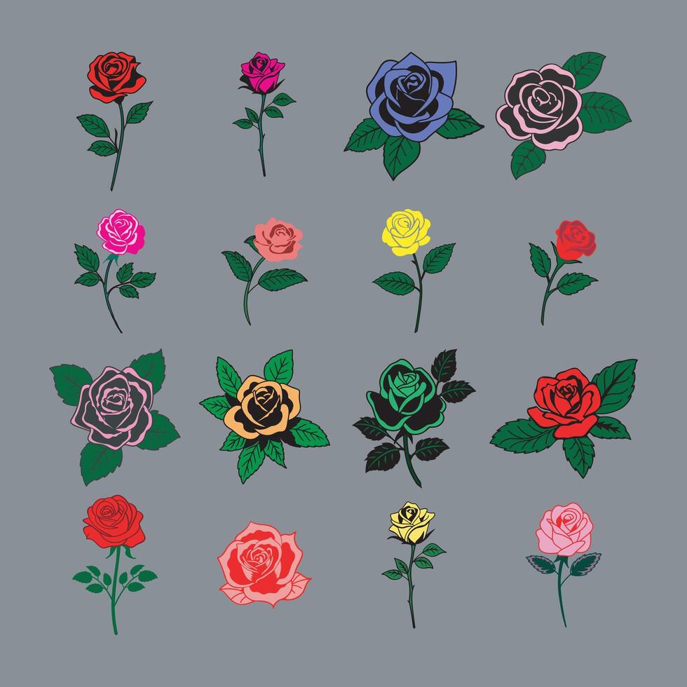 Editable Rose Bundle for Valentine Day, Romantic Floral Graphics, Rose designs in various styles and color. Valentine Day card icons. vector