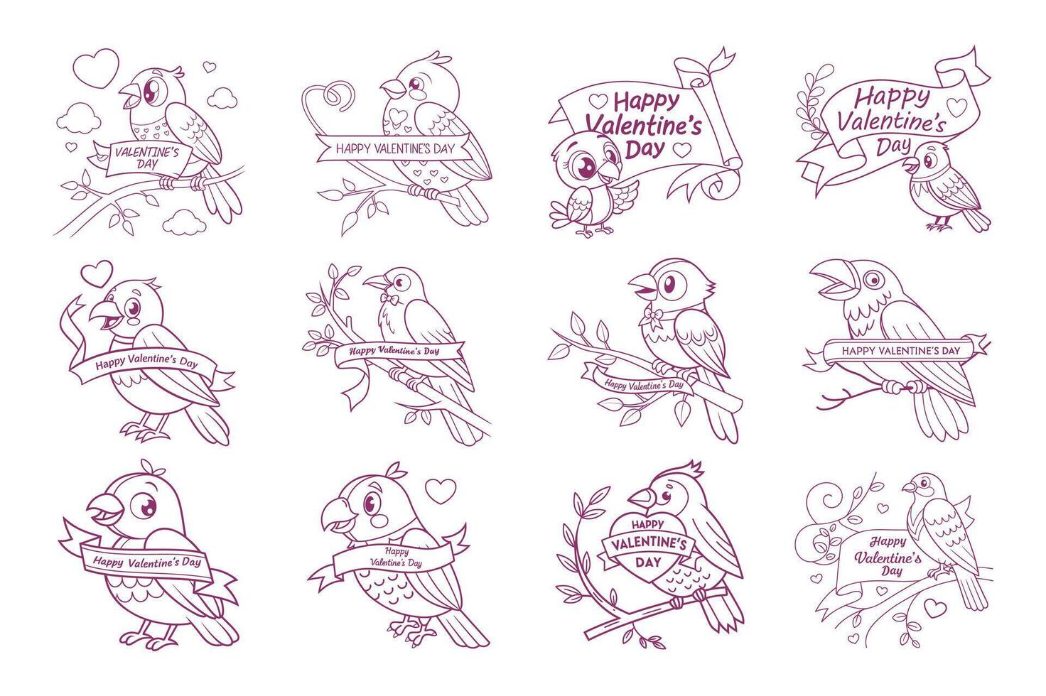Valentines concept. Happy valentine's day icon bundle. Valentine bird with ribbon. Valentine icon outline. vector