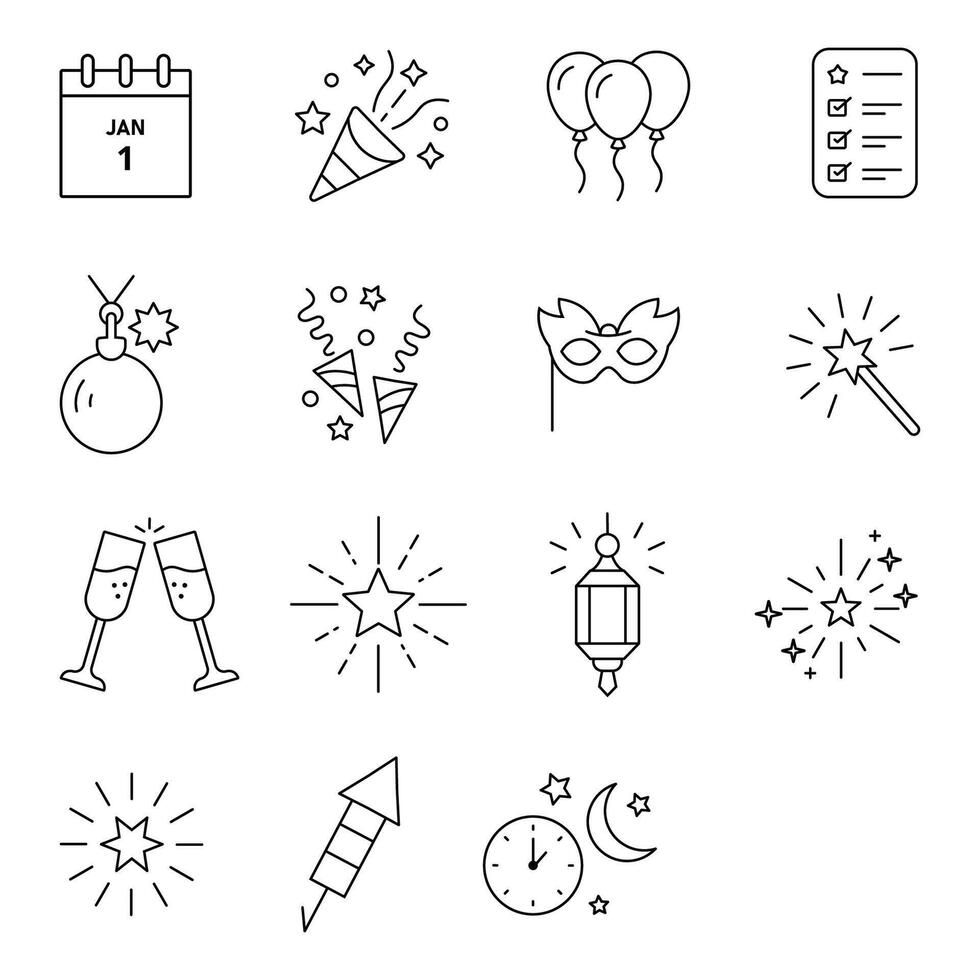happy new year firework icon set. Included icons as sparkle, fireworks, explosion, vacations, invitation, more vector