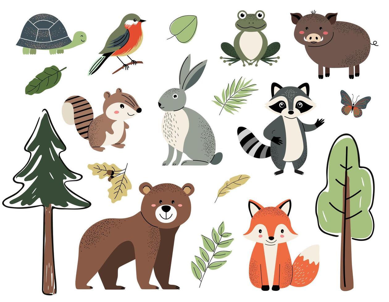 Set of cute forest animals. Woodland animals and trees. Bear, fox, frog, boar, raccoon, turtle, chipmunk, rabbit. vector