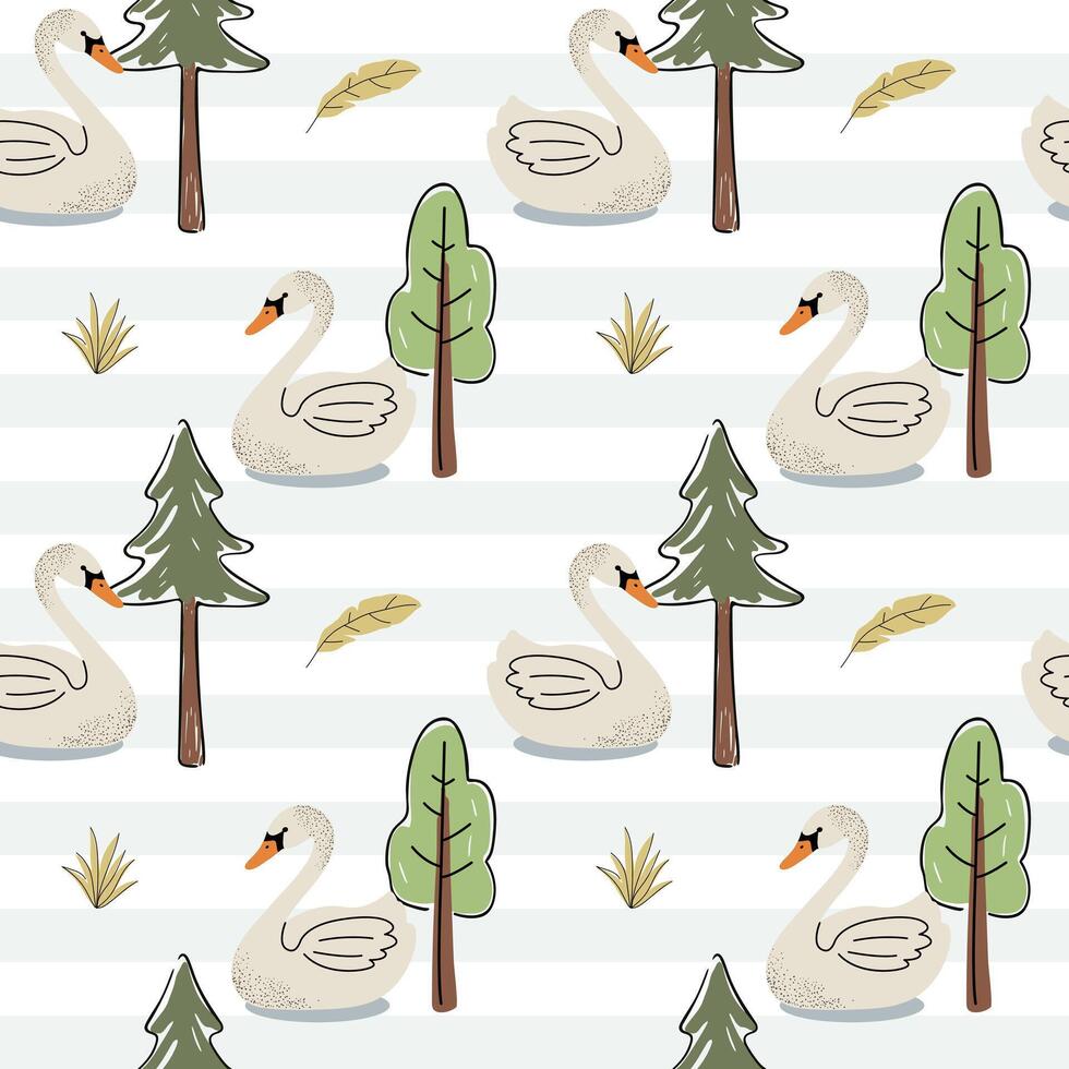 Seamless pattern with cute swan and trees. Wild birds. Childish background. Woodland wallpaper. vector