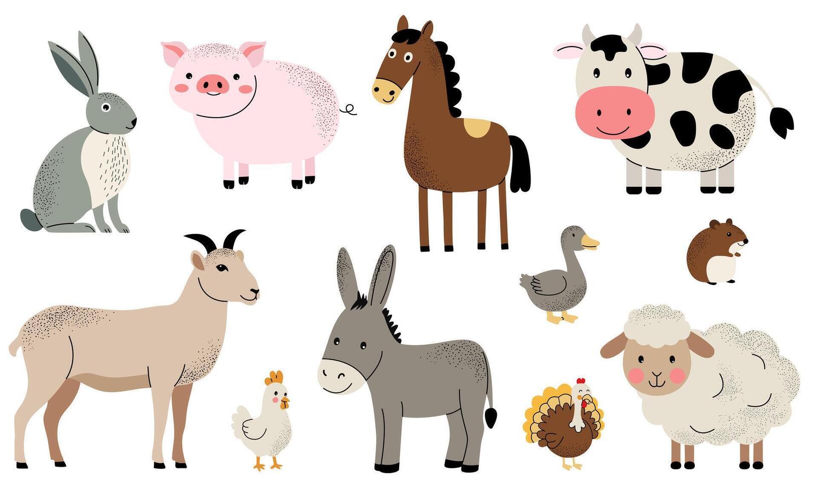 Cute farm animals set. Goat, pig, horse, donkey, cow, ship. Flat set of home animals vector