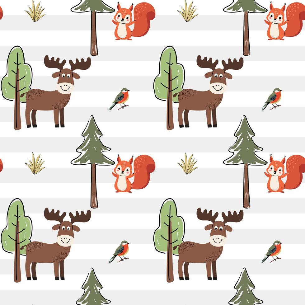 Cute animals pattern. Woodland patterns. Seamless pattern with elk, squirrel. Forest wildlife backgrounds. vector