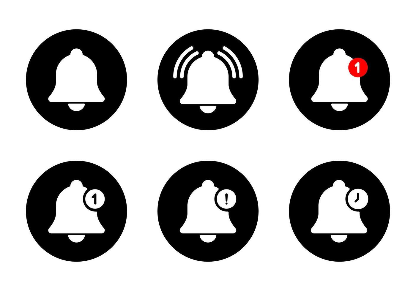 Notification bell icon set collection on black circle. Alert, alarm reminder sign symbol vector
