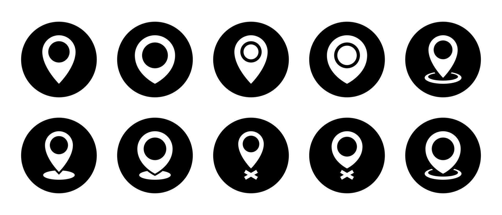 Location map pin icon set on black circle. Place marker sign symbol vector