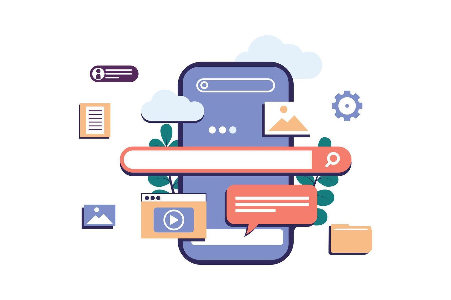 Search engine on smartphone screen flat style illustration design vector
