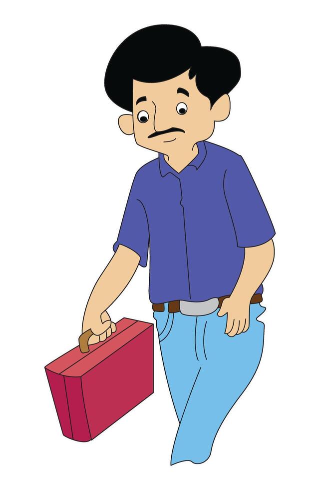 Young man carrying heavy suitcase vector