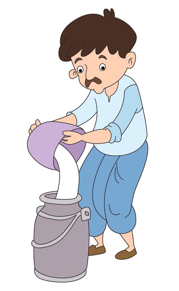 Milkman is filling milk in the container with bucket vector