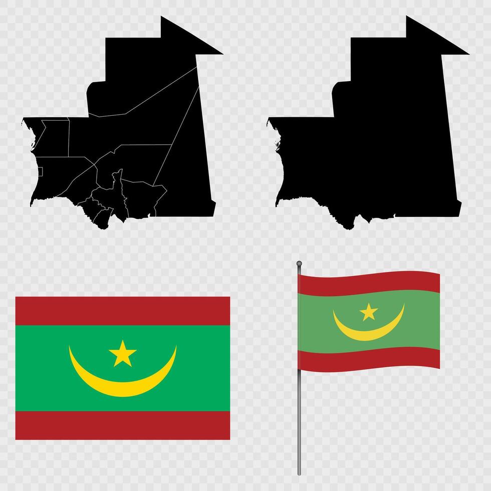 Set of maps, flag and flagpole of Mauritania. illustration. vector